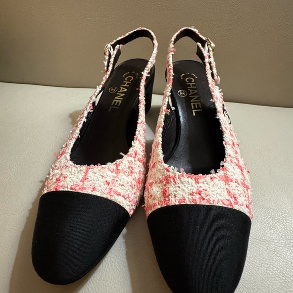 Chanel Pink Glittered Tweed Leather Slingbacks Pumps 24P Size 37.5/US Size 7.5 - Picture 4 of 16